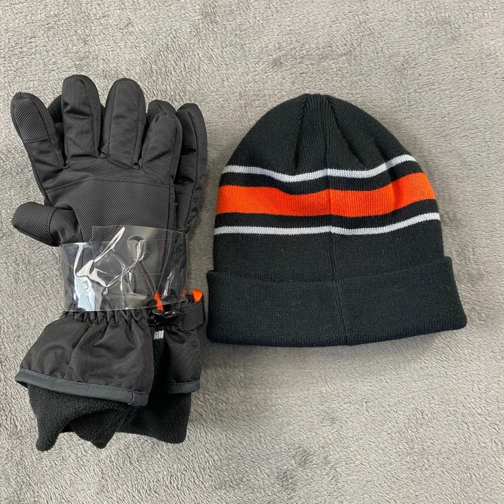 Hurley Beanie and Gloves‎ Set Youth OS Black Orange Striped Winter Ski Hiking